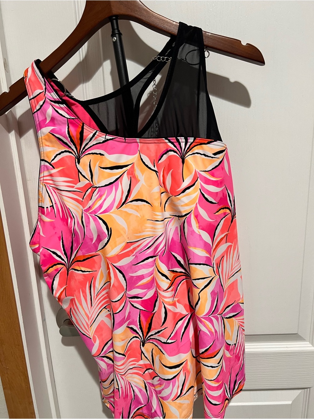 ZeroXposur Pink and Orange Tropical Print Tank with Black Mesh Back w/ blk skirt